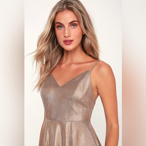 Lulus Keeps Getting Better Metallic Shimmer Gold Skater Dress NWT Sz. Medium - Picture 6 of 14
